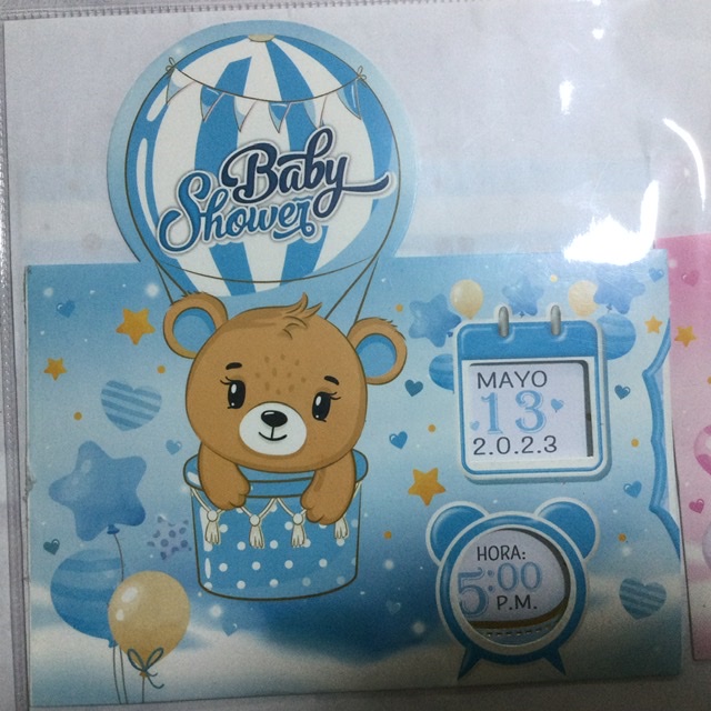 TARJETA  BABY SHOWER OSO CON GLOBO  CELESTE NA091