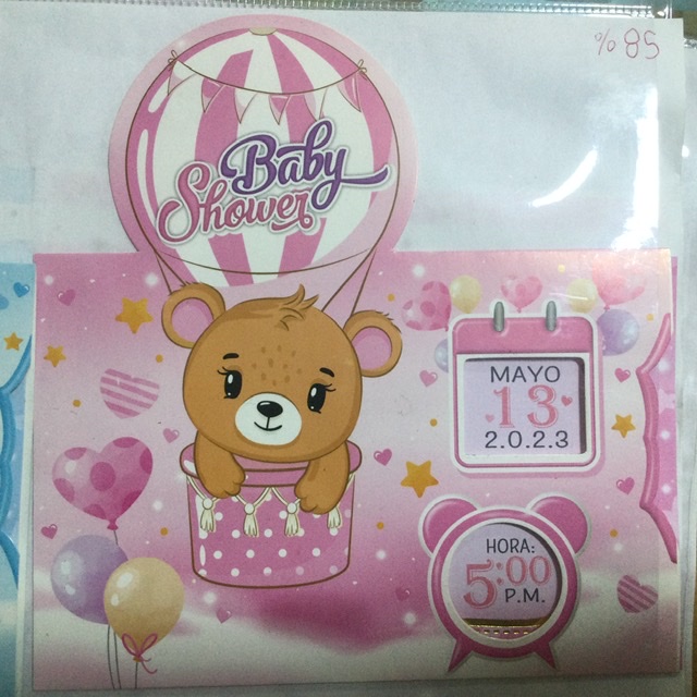 TARJETA  BABY SHOWER OSO CON GLOBO ROSADO NA092