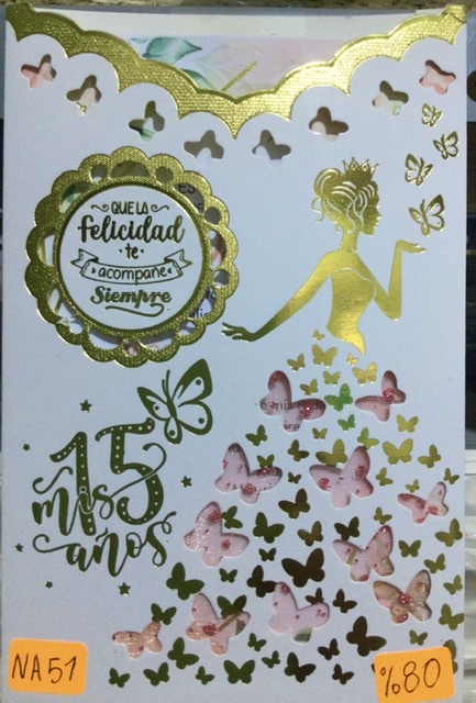 Tarjetas quince años vestido mariposas dorado
