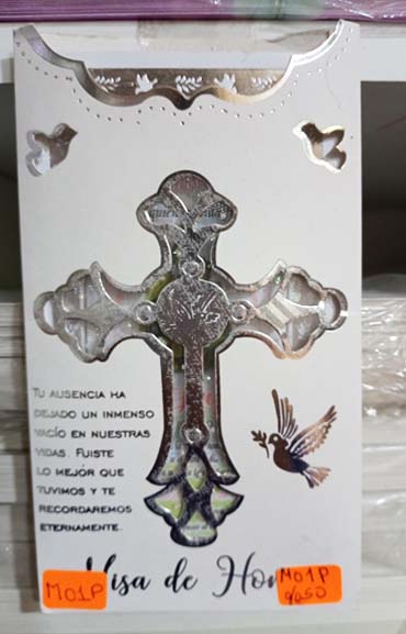 TARJETA  MISA DE HONRAS CRUZ Y PALOMITAS M01P