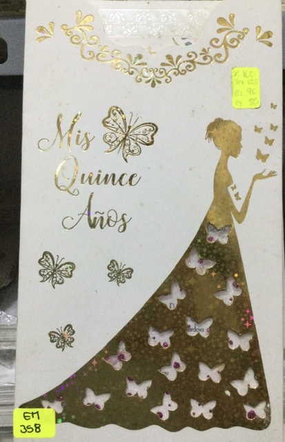 Tarjeta quince vestido dorado EM358