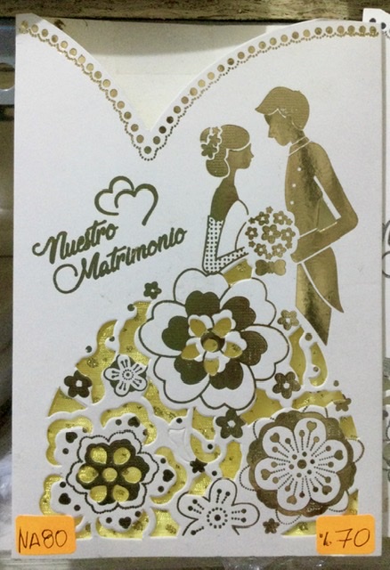 Tarjeta matrimonio vestido de flores dorado NA080