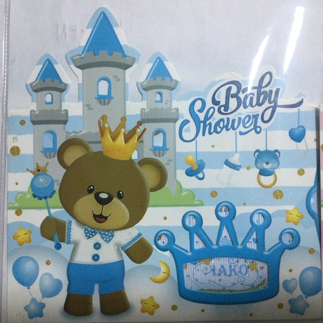 TARJETA  BABY SHOWER OSO CON CASTILLO CELESTE NA93