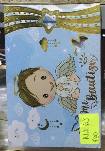 Tarjeta bautizo ángel echado celeste NA063