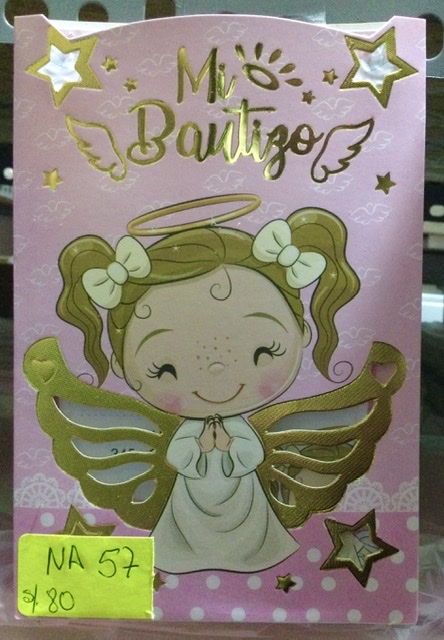 Tarjeta bautizo ángel rosado NA057